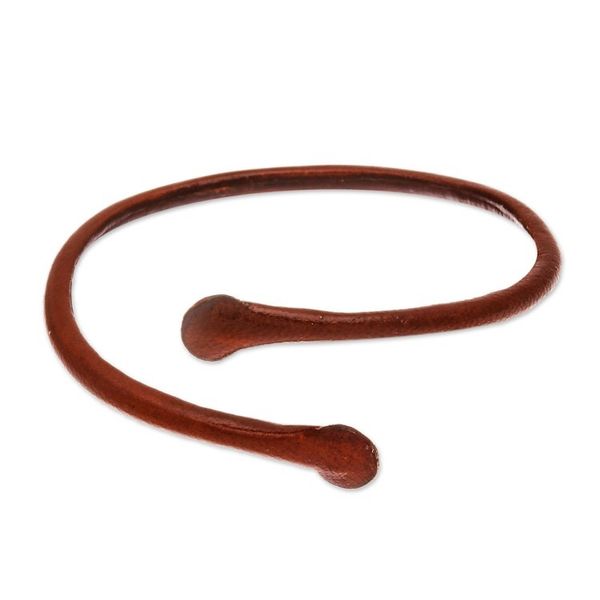 Alternate image for Unisex Brown Dyed Leather Cuff Bracelet Handmade in Thailand Young Bud in Brown