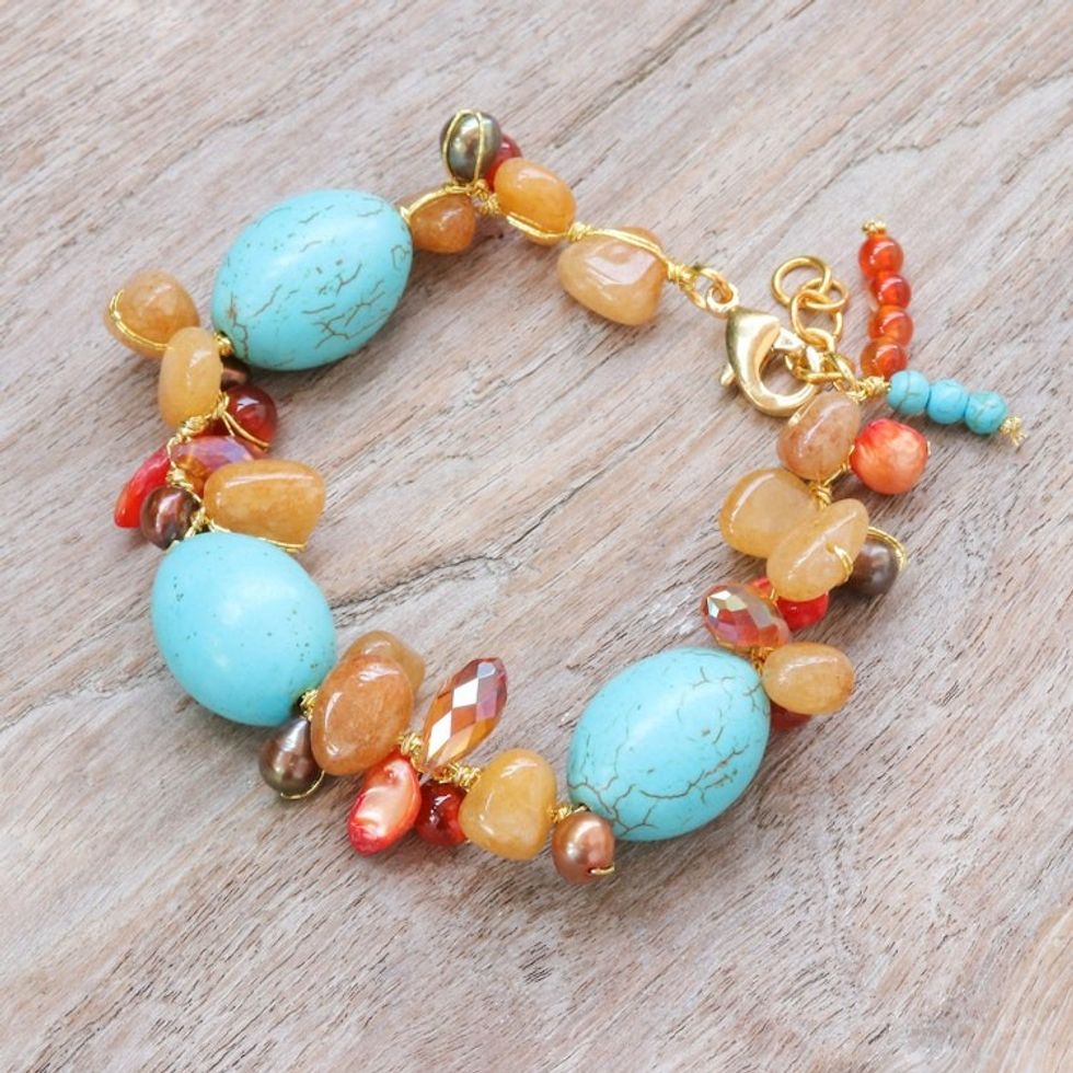 Gold-Accented Multi-Gemstone Beaded Bracelet with Pearls 'Island Honey'