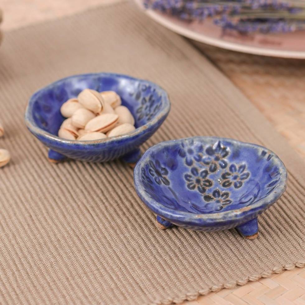 Pair of Handcrafted Floral Ceramic Bowls in Blue Hues 'Zen Blue Delights'
