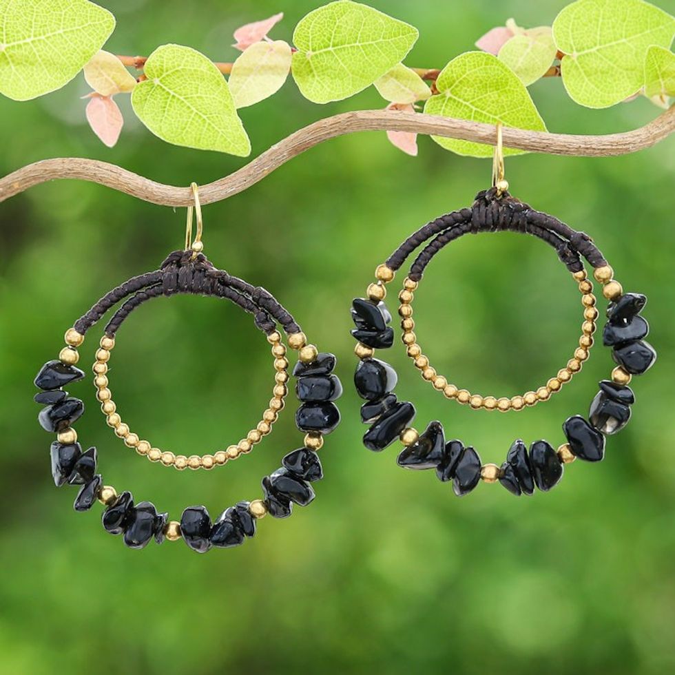 Polished Brass and Black Magnesite Beaded Dangle Earrings 'Shadow Goddess'