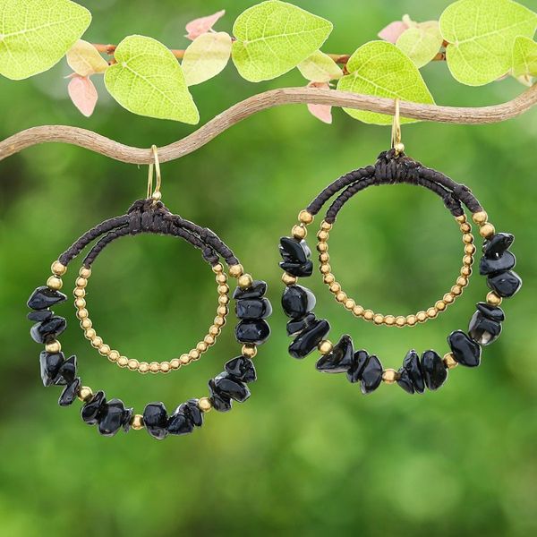 Alternate image for Polished Brass and Black Magnesite Beaded Dangle Earrings Shadow Goddess