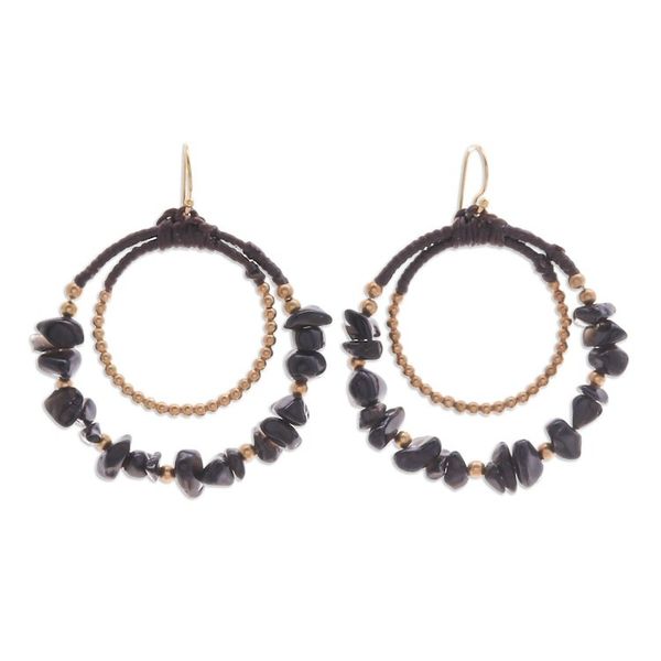 Alternate image for Polished Brass and Black Magnesite Beaded Dangle Earrings Shadow Goddess
