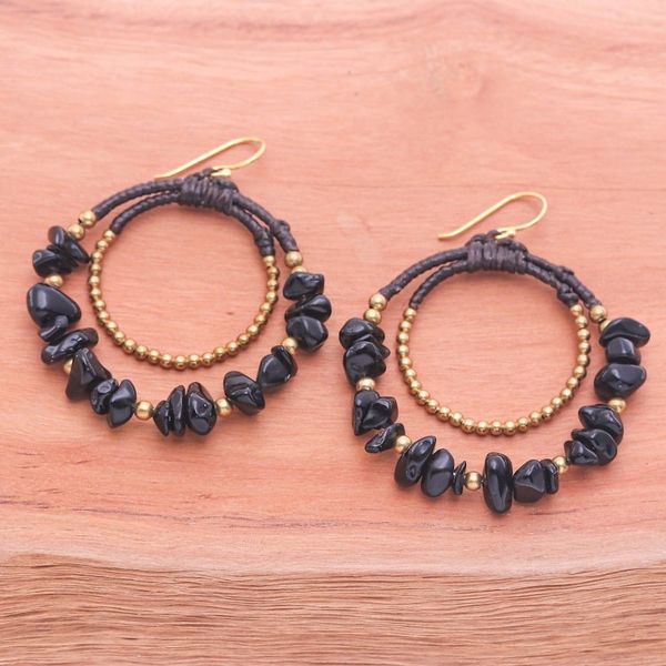 Alternate image for Polished Brass and Black Magnesite Beaded Dangle Earrings Shadow Goddess