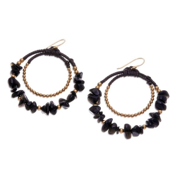 Alternate image for Polished Brass and Black Magnesite Beaded Dangle Earrings Shadow Goddess