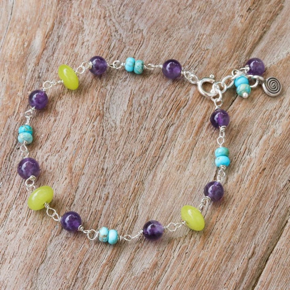 Multi-Gemstone Beaded Charm Bracelet from Thailand 'Festive Swirl'