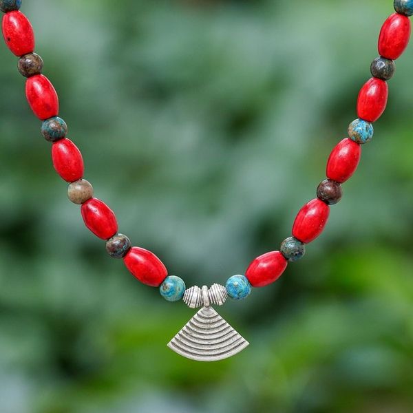 Alternate image for Hill Tribe Howlite and Jasper Pendant Necklace Modern Tribal