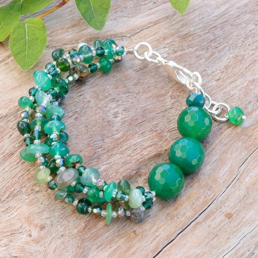 Green-Toned Chalcedony and Glass Beaded Strand Bracelet 'Thoughtful Jewels'