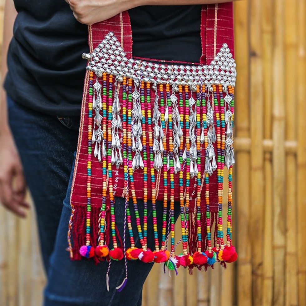 Handcrafted Burgundy Cotton Shoulder Bag with Colorful Beads 'Sunset Customs'