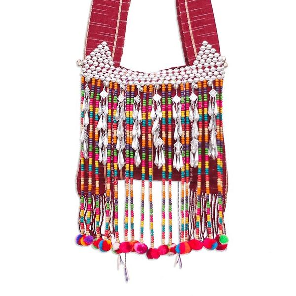 Alternate image for Handcrafted Burgundy Cotton Shoulder Bag with Colorful Beads Sunset Customs