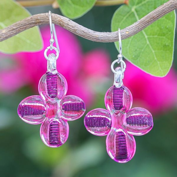Alternate image for Blown Glass Floral Dangle Earrings in Pink with Silver Hooks Vibrant Blossoms