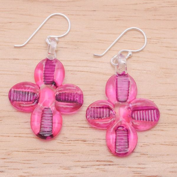 Alternate image for Blown Glass Floral Dangle Earrings in Pink with Silver Hooks Vibrant Blossoms