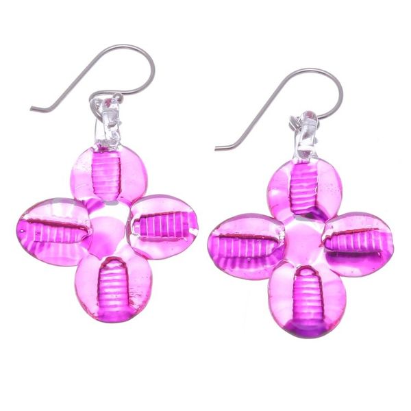 Alternate image for Blown Glass Floral Dangle Earrings in Pink with Silver Hooks Vibrant Blossoms