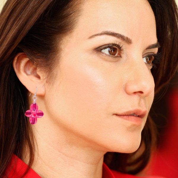 Alternate image for Blown Glass Floral Dangle Earrings in Pink with Silver Hooks Vibrant Blossoms