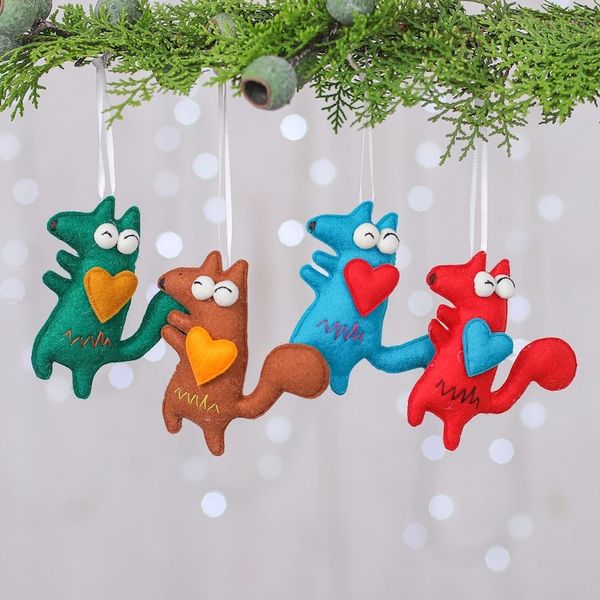 Alternate image for Set of 4 Handcrafted Wolf Felt Ornaments in Diverse Hues Colors Wolves