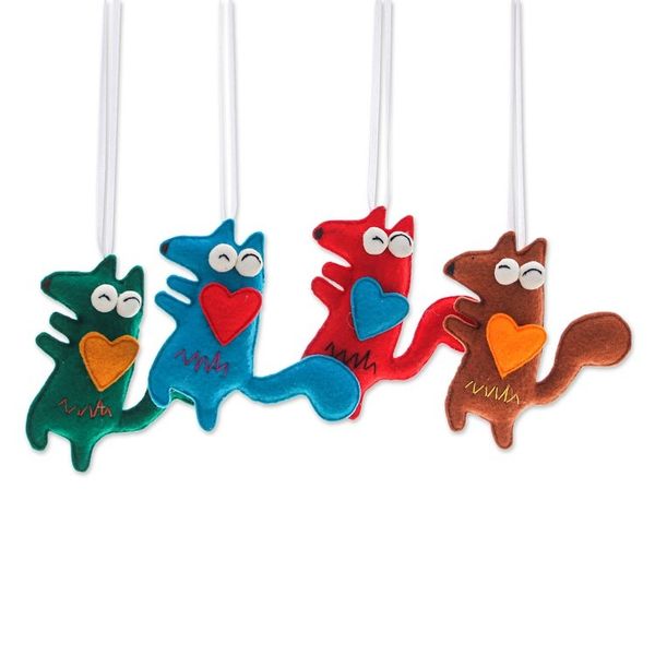 Alternate image for Set of 4 Handcrafted Wolf Felt Ornaments in Diverse Hues Colors Wolves