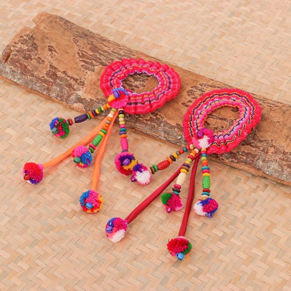Hand Made Cotton-Blend Hair Scrunchies Pair 'Hmong Spirit in Red-Orange'