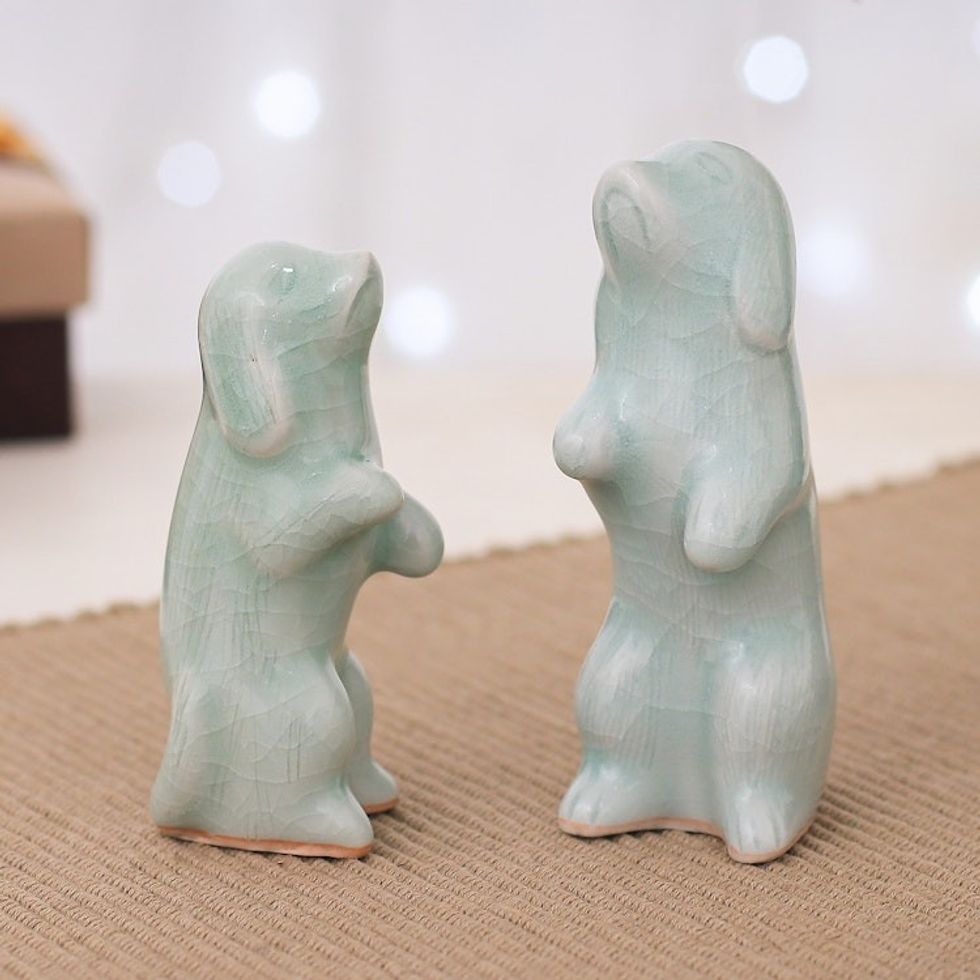 Pair of Celadon Ceramic Dog Figurines Handmade in Thailand 'Playful Friends'