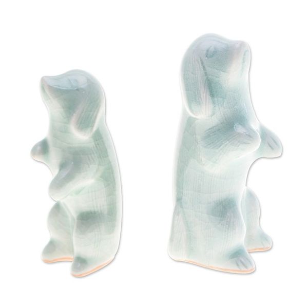 Alternate image for Pair of Celadon Ceramic Dog Figurines Handmade in Thailand Playful Friends