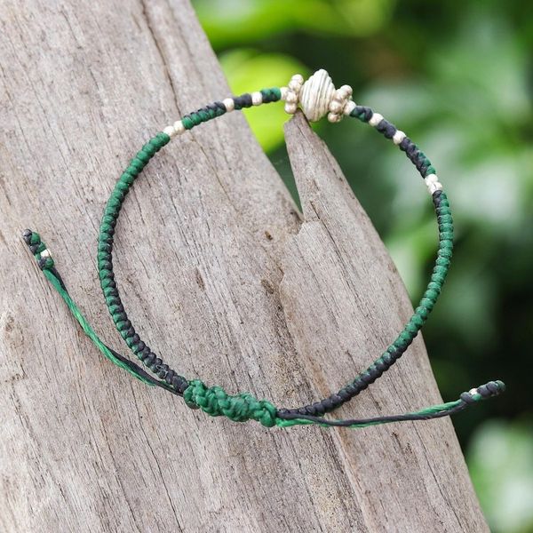 Alternate image for Handcrafted Silver Pendant Bracelet in Green and Black Spinning Green