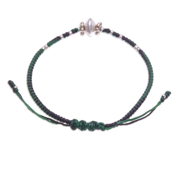 Alternate image for Handcrafted Silver Pendant Bracelet in Green and Black Spinning Green