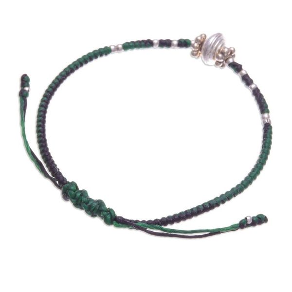 Alternate image for Handcrafted Silver Pendant Bracelet in Green and Black Spinning Green