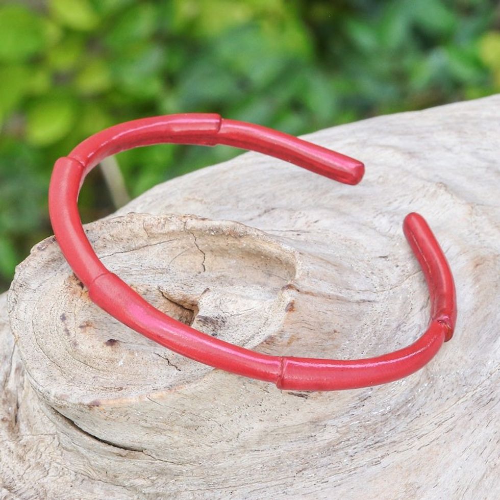 Bamboo-Inspired Adjustable Red Leather Cuff Bracelet 'Passionate Bamboo'