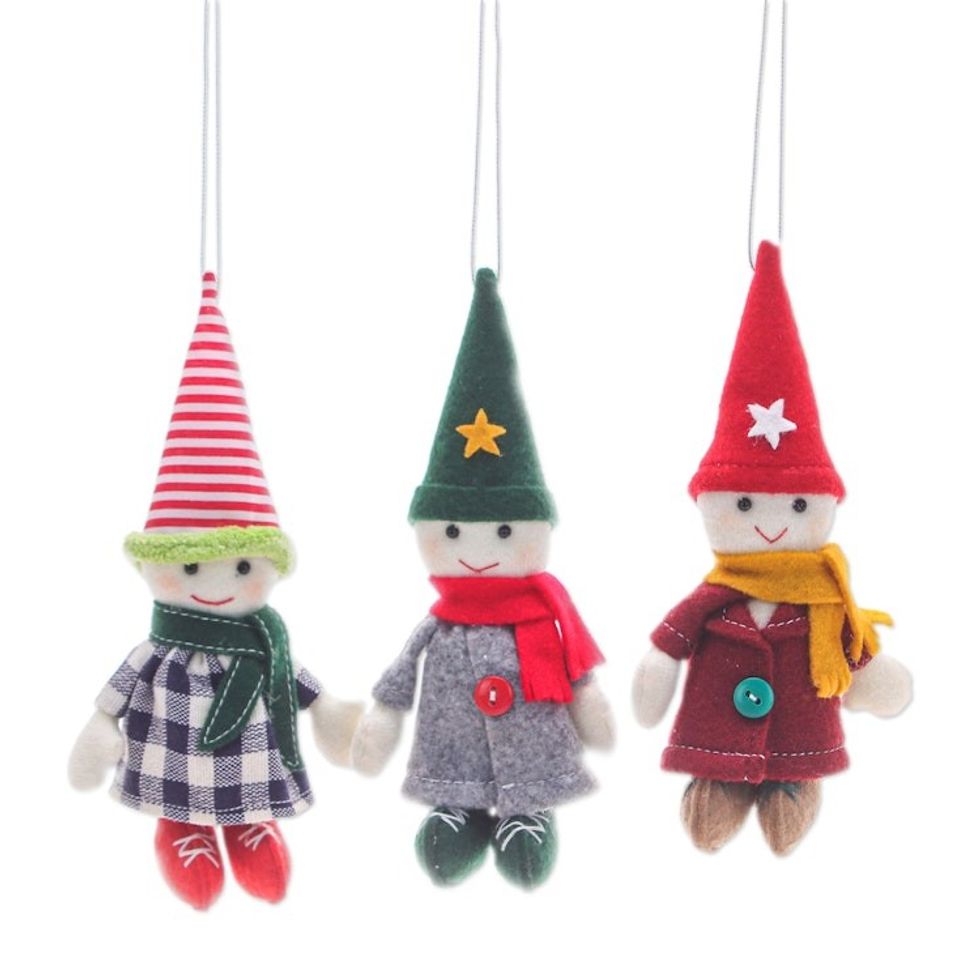 Set of Three Handmade Young Gnome Felt Ornaments 'Festive Gnomes'
