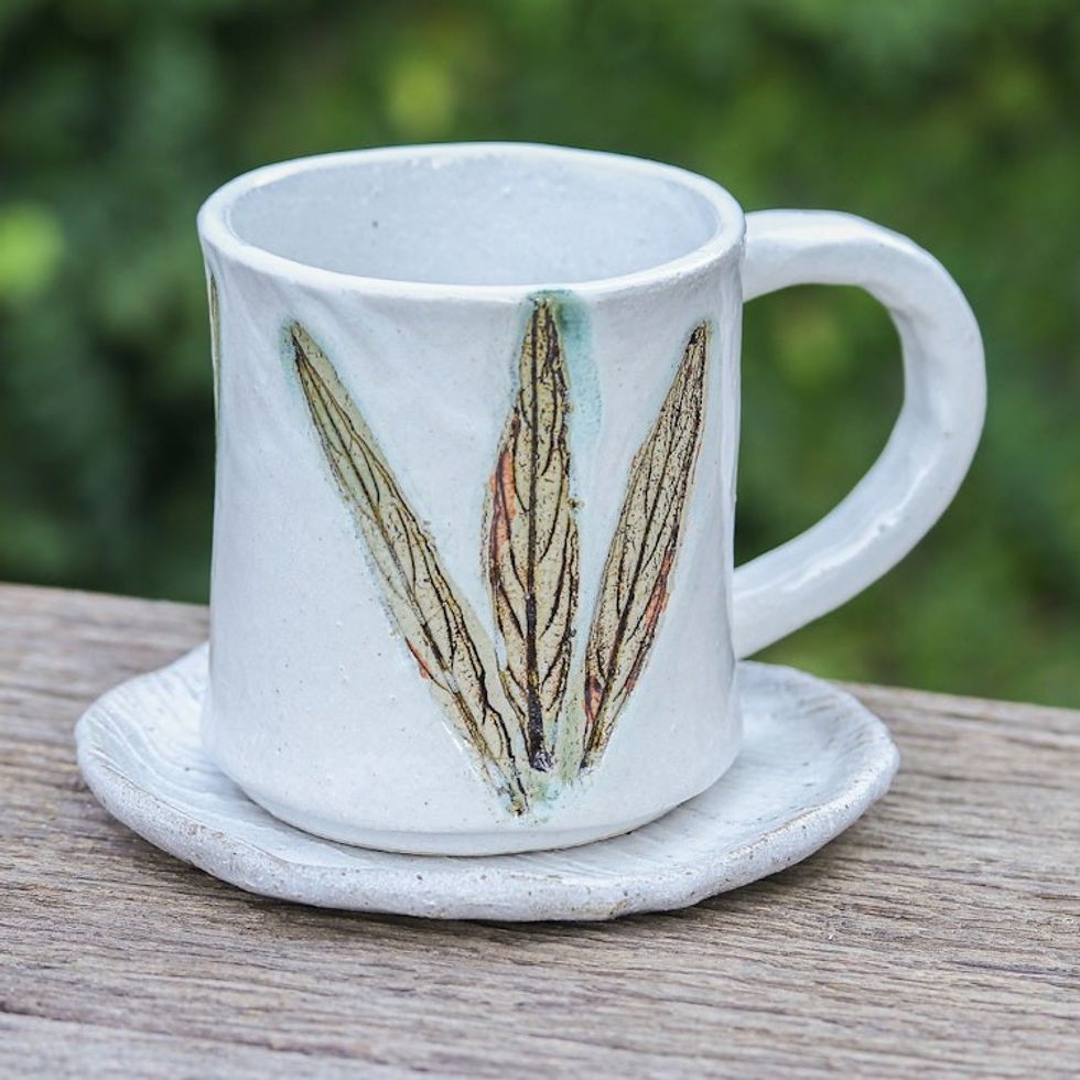 Handcrafted Leaf-Themed Ceramic Mug and Saucer Set 'Lovely Leaves'
