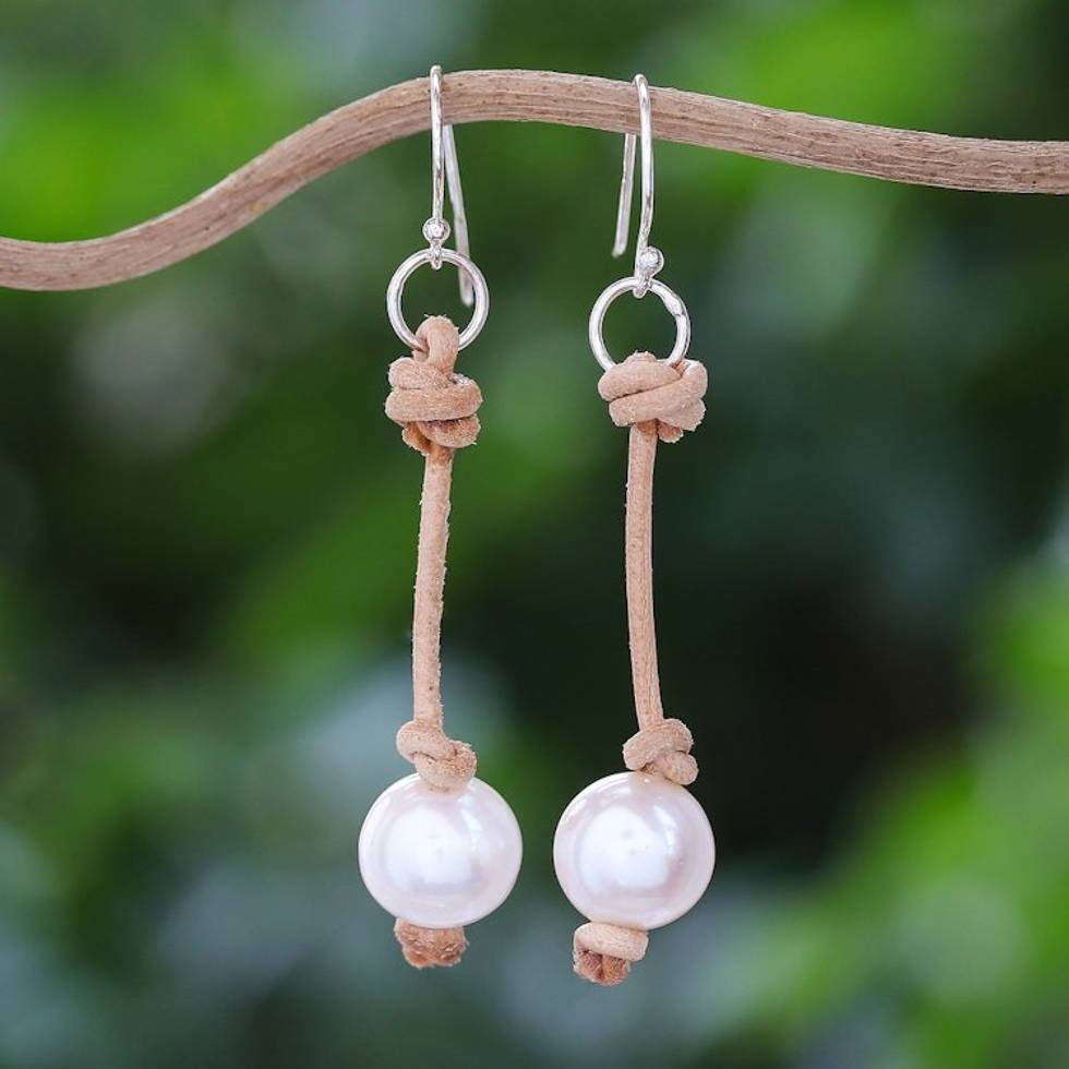 Cultured Pearl Dangle Earrings with Brown Leather Accents 'Innocent Soul'