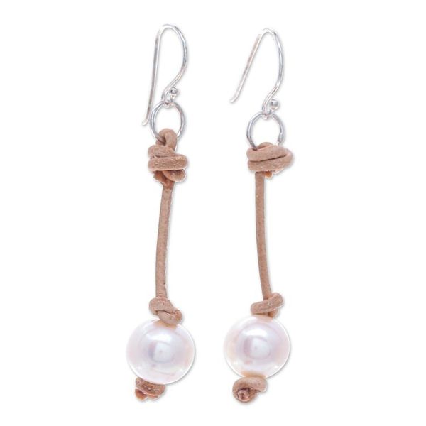 Alternate image for Cultured Pearl Dangle Earrings with Brown Leather Accents Innocent Soul
