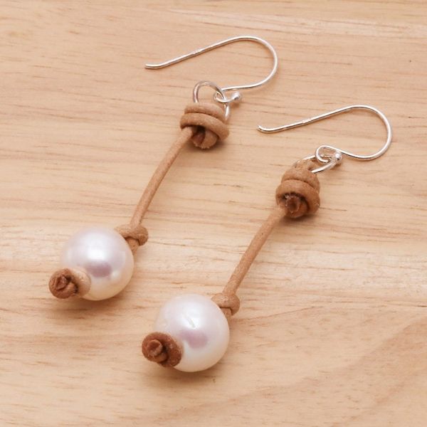 Alternate image for Cultured Pearl Dangle Earrings with Brown Leather Accents Innocent Soul