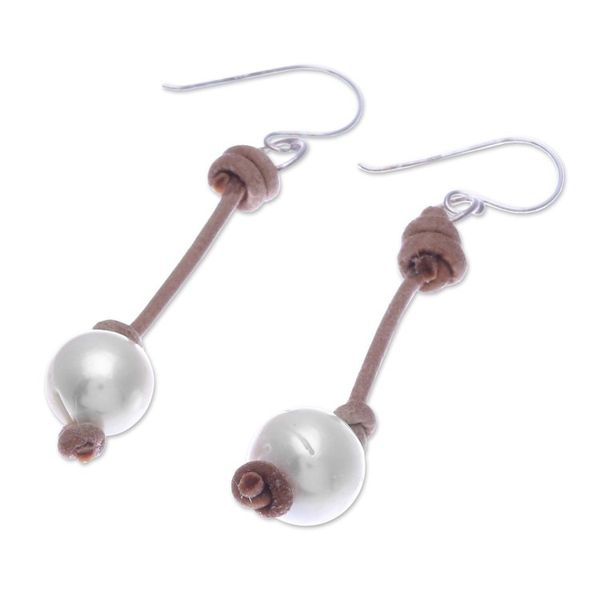 Alternate image for Cultured Pearl Dangle Earrings with Brown Leather Accents Innocent Soul