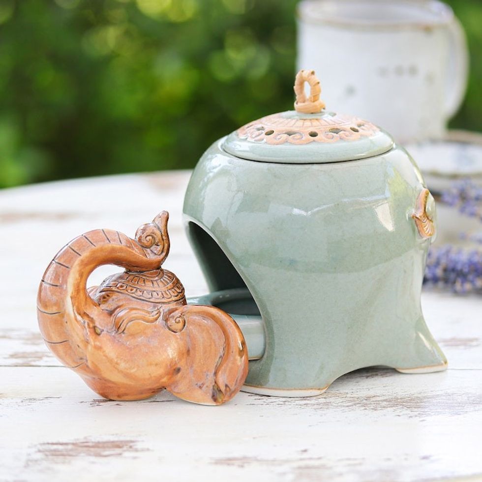 Crackled Elephant-Themed Green Ceramic Oil Warmer 'The Giant's Green Palace'