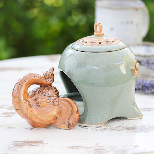 Alternate image for Crackled Elephant-Themed Green Ceramic Oil Warmer The Giants Green Palace