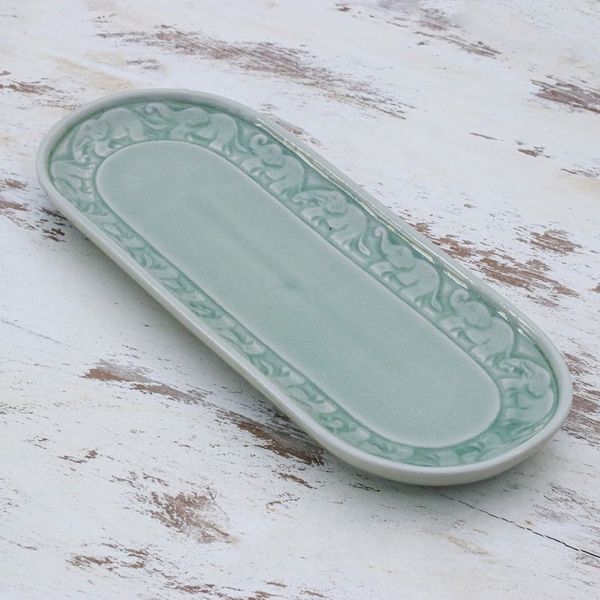 Alternate image for Handcrafted Elephant-Themed Celadon Ceramic Tray Divine Parade