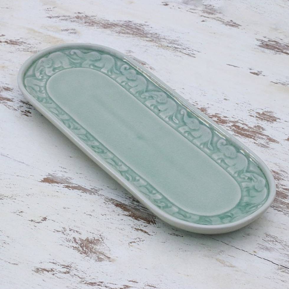 Handcrafted Elephant-Themed Celadon Ceramic Tray 'Divine Parade'