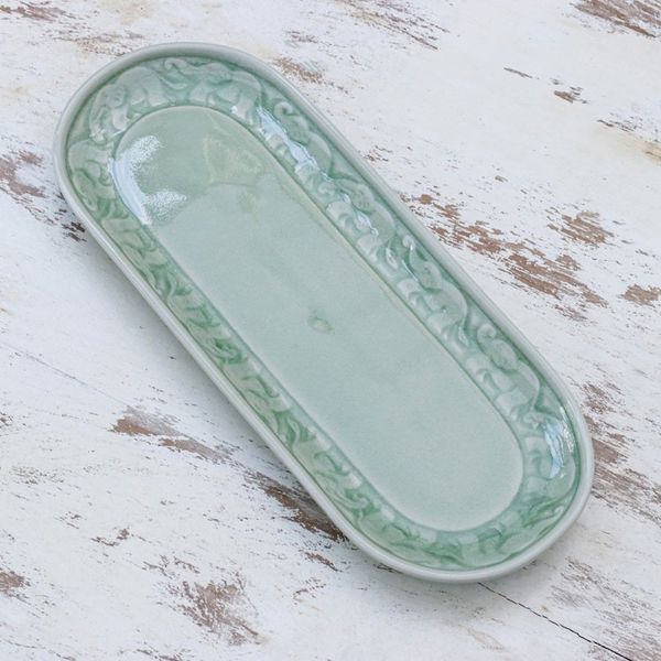 Alternate image for Handcrafted Elephant-Themed Celadon Ceramic Tray Divine Parade