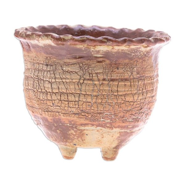Alternate image for Handcrafted Crackled-Finish Earthy Brown Ceramic Flower Pot Earth Steps
