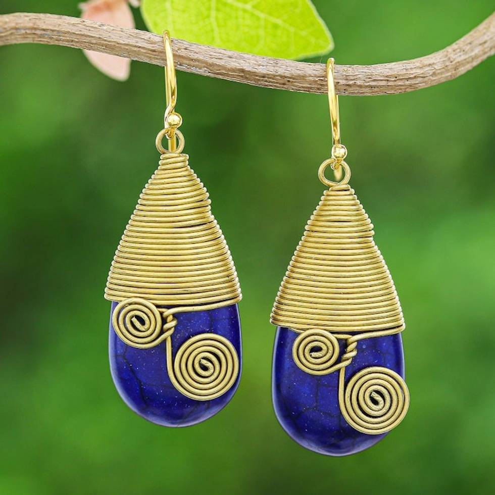 Polished Brass Dangle Earrings with Blue Magnesite Jewels 'Intuitive Swirls'