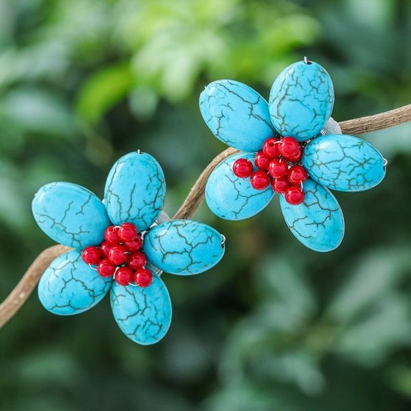 Alternate image for Floral Howlite and Glass Beaded Clip-On Earrings Summer Blossoming