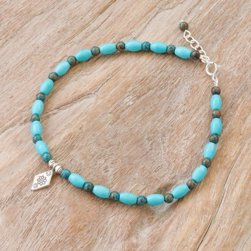 Blue Howlite and Jasper Beaded Anklet with Silver Charm 'Triangular Bloom in Blue'