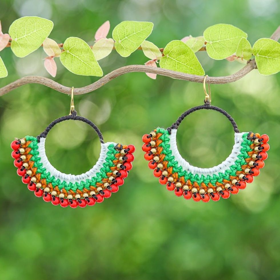 Colorful Macrame Dangle Earrings with Red Magnesite Beads 'Tropical Nimbus'