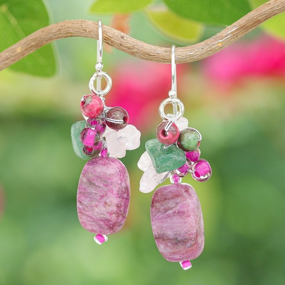 Rhodonite Quartz Glass and Resin Beaded Cluster Earrings 'Marvelous Magenta'
