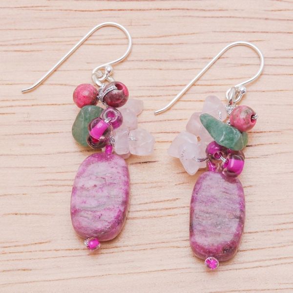 Alternate image for Rhodonite Quartz Glass and Resin Beaded Cluster Earrings Marvelous Magenta