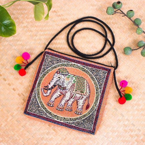 Alternate image for Handmade Cotton Blend Elephant-Themed Sling Bag with Pompoms Elephant Flair
