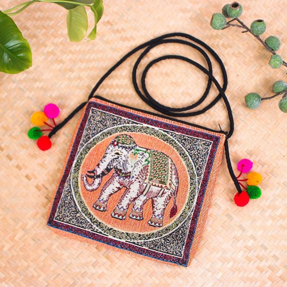 Handmade Cotton Blend Elephant-Themed Sling Bag with Pompoms 'Elephant Flair'