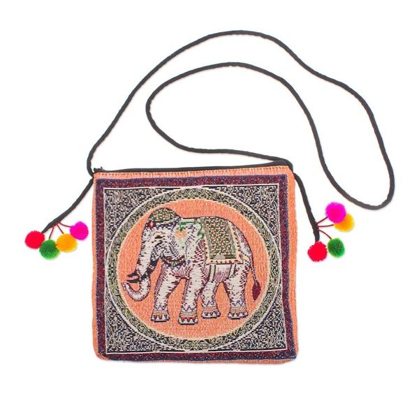 Alternate image for Handmade Cotton Blend Elephant-Themed Sling Bag with Pompoms Elephant Flair
