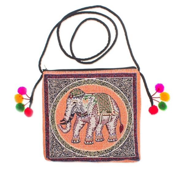 Alternate image for Handmade Cotton Blend Elephant-Themed Sling Bag with Pompoms Elephant Flair