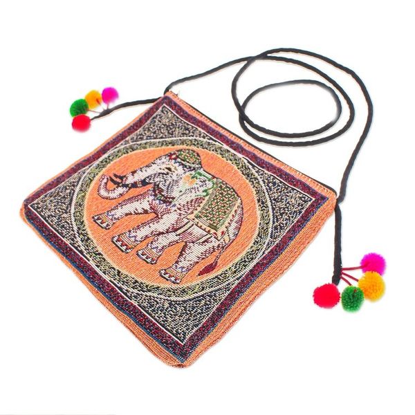 Alternate image for Handmade Cotton Blend Elephant-Themed Sling Bag with Pompoms Elephant Flair