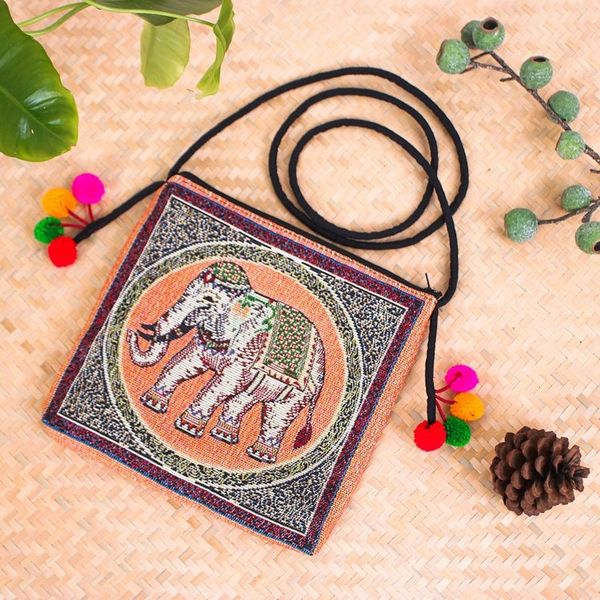 Alternate image for Handmade Cotton Blend Elephant-Themed Sling Bag with Pompoms Elephant Flair